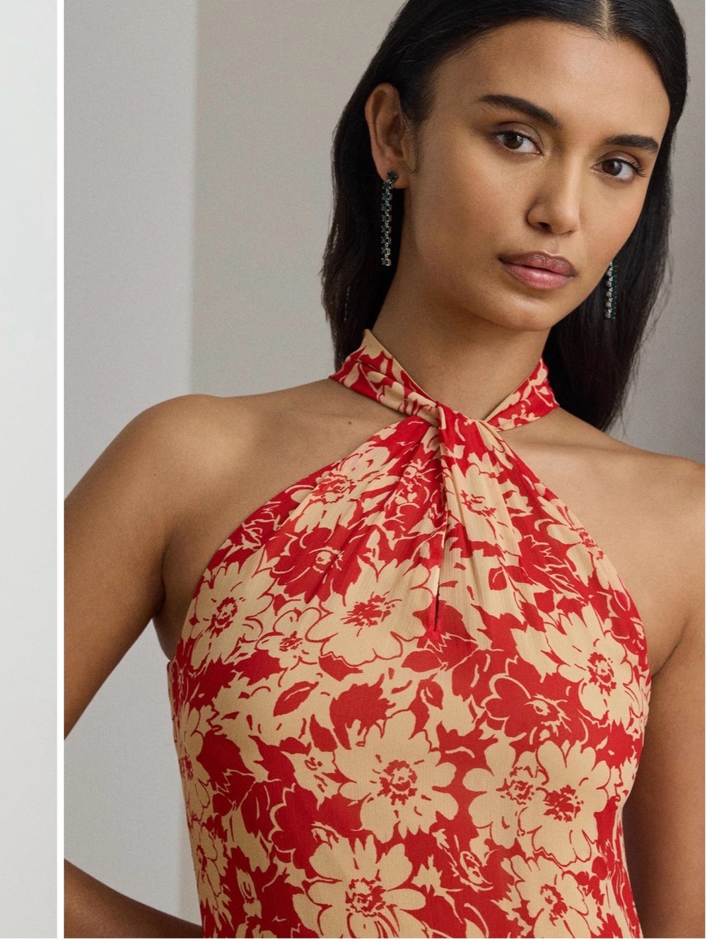 Ralph Lauren Red and Cream Floral Halter Maxi Dress